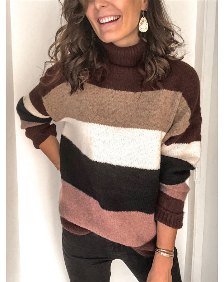 Women Oversize Turtleneck Sweater with Wide Block Stripes and Soft Knit Mune Fashion