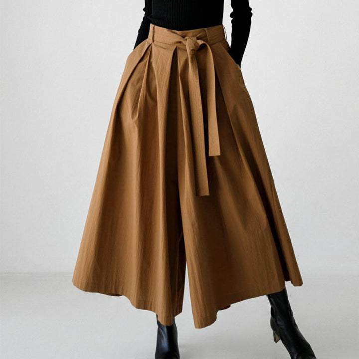 Women's Wide Culotte Skirt with Pleats and Tie Belt Mune Fashion