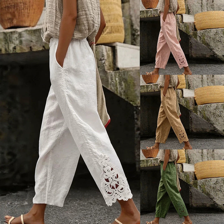 Women's casual pants made of linen blend with elastic drawstring waistband and lace embroidery on the leg