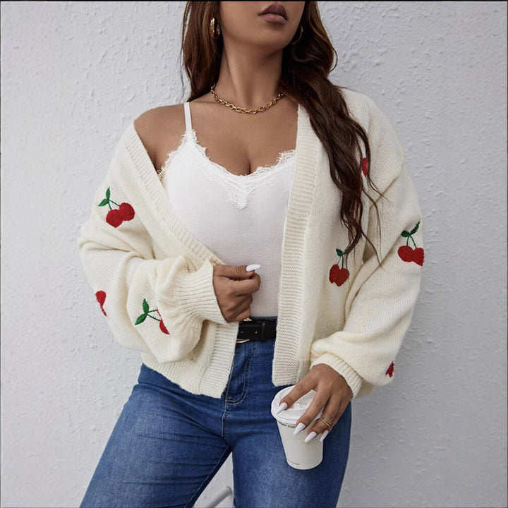 Women's Cropped Oversized Cardigan with Cherry Embroidery Mune Fashion