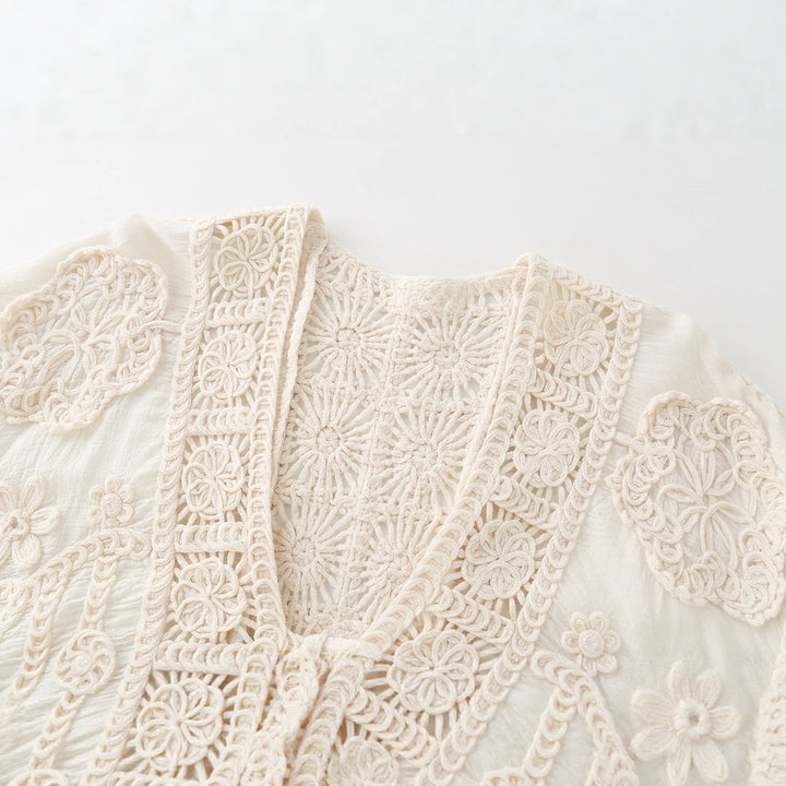 Women's Short Crochet and Embroidered Jacket in Boho Kimono Style with Tie Band Drune