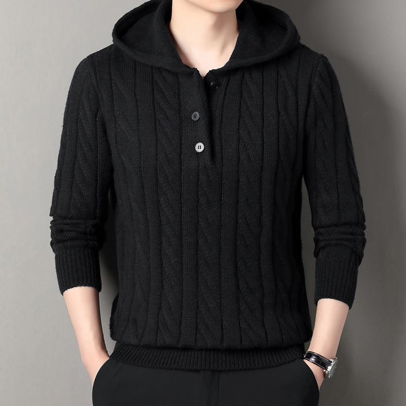 Men's fine knit hoodie with cable pattern, half placket and drawstring Mune Fashion