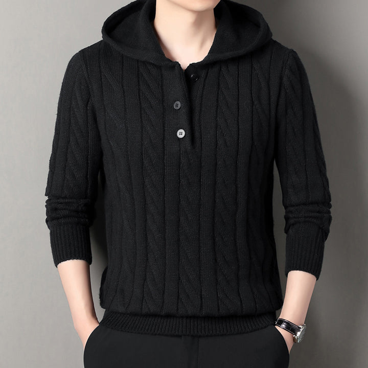 Men's fine knit hoodie with cable pattern, half placket and drawstring Mune Fashion