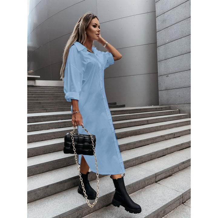 Women's Long Oversized Shirt Dress with Continuous Button Placket, Cuffed Sleeves and Deep Side Slit Mune Fashion