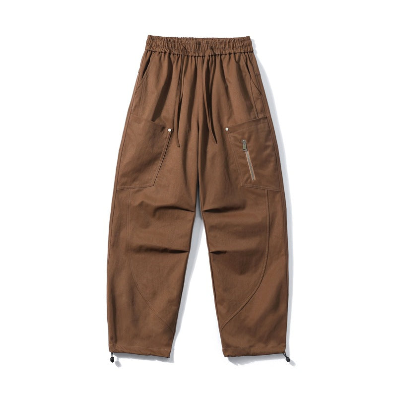 Men's utility cargo pants with elastic waistband, zip pocket, and adjustable hem.