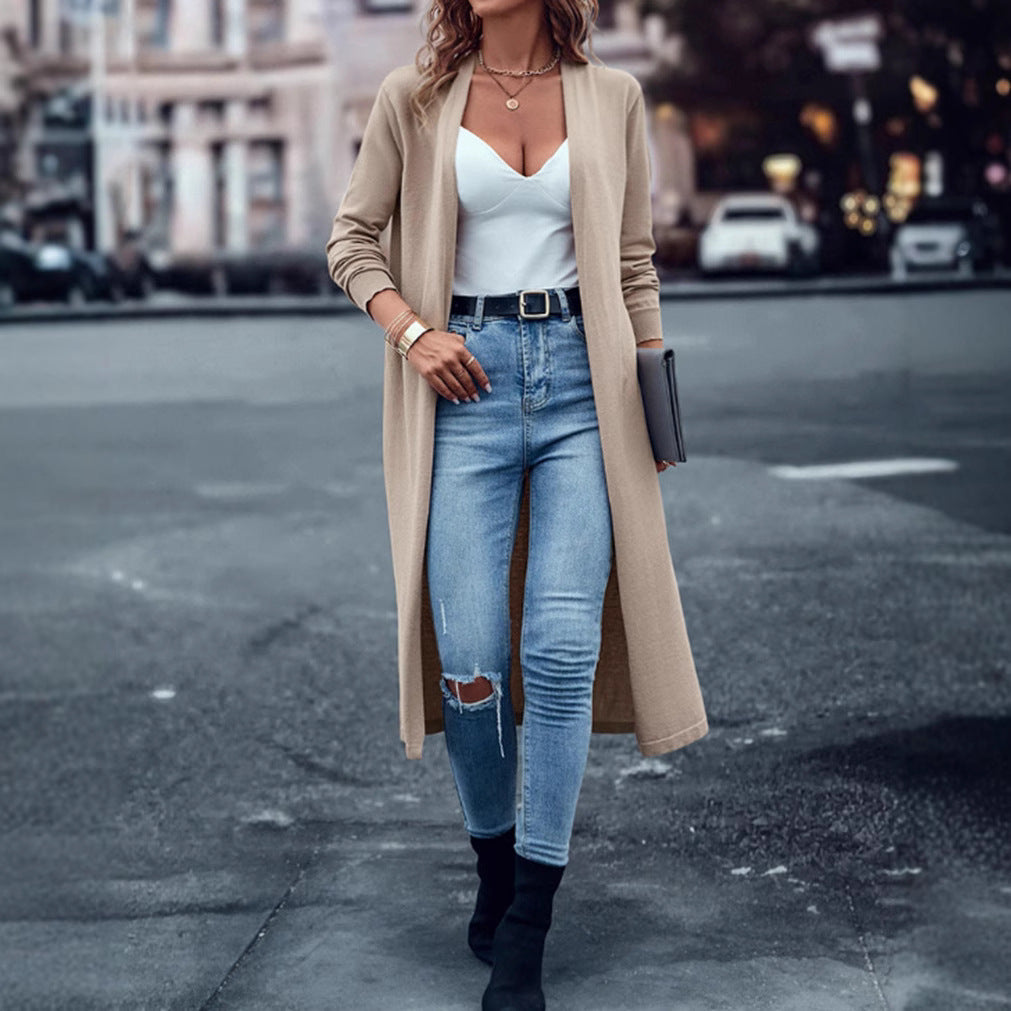 Women's long fine-knit cardigan in duster style with open fall and narrow sleeve section Mune Fashion