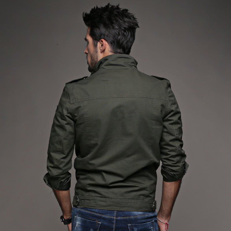 Men's Military Canvas Field Jacket with Stand Collar Shoulder Epaulettes and Multifunctional Pockets Mune Fashion