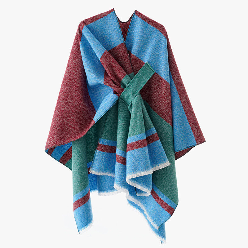 Women's oversized cape poncho made of wool blend with tie loop and striped border Mune Fashion