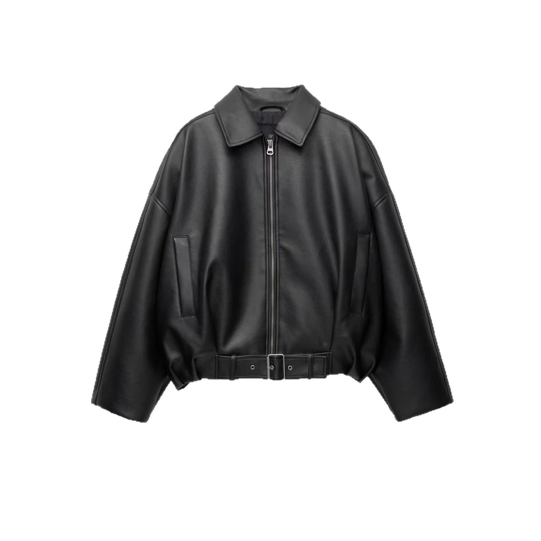 Women's Fashion Faux Leather Jacket with Waistbelt