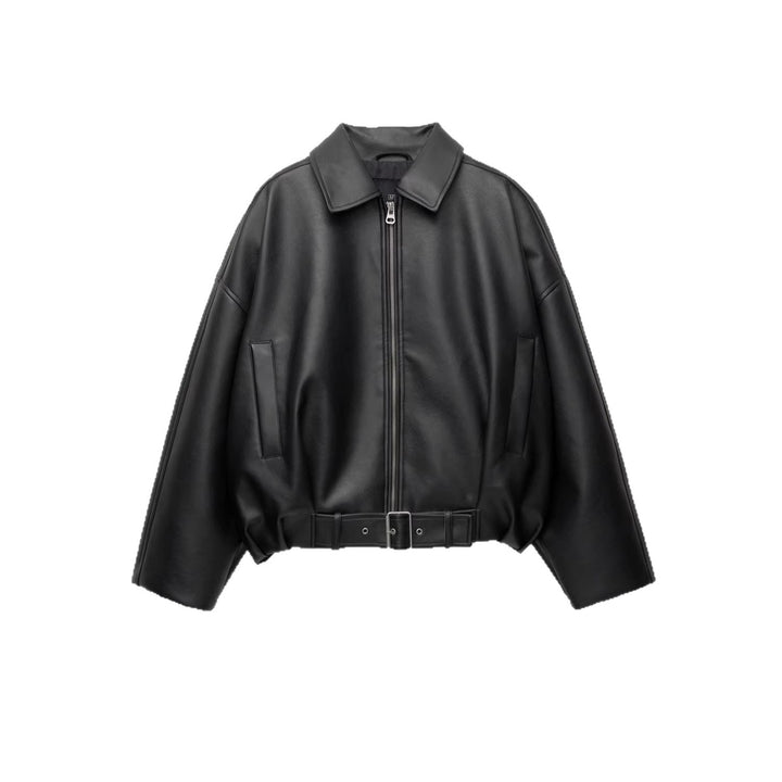 Women's Fashion Faux Leather Jacket with Waistbelt
