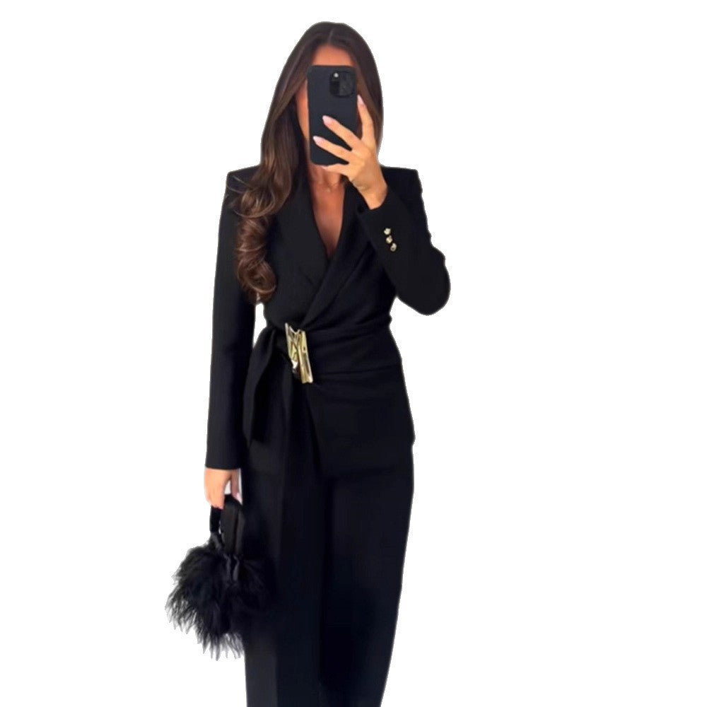Women's Tailored Wrap Blazer with Decorative Metal Buckle & High-Waist Palazzo Pants Mune Fashion
