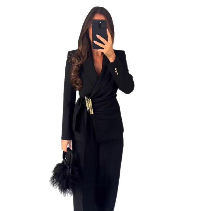 Women's Tailored Wrap Blazer with Decorative Metal Buckle & High-Waist Palazzo Pants Mune Fashion