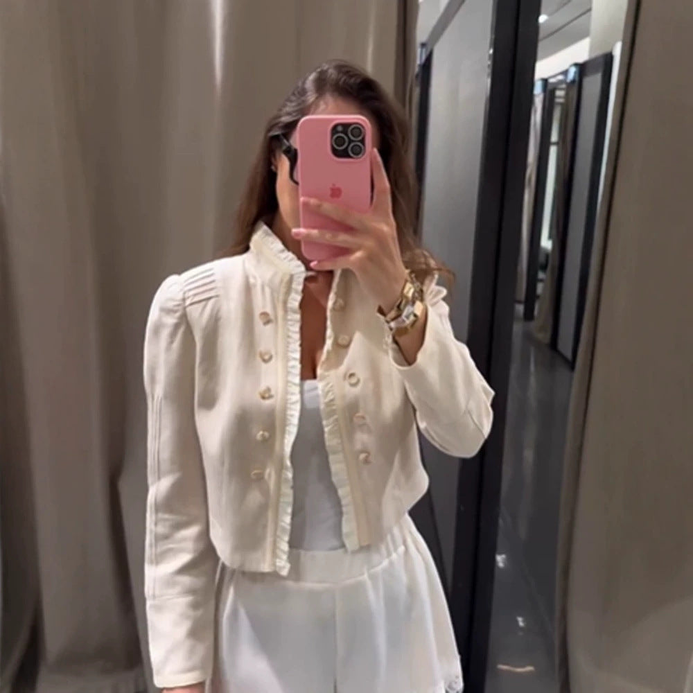 Women's cropped jacket with ruffle trim, puff sleeves, and double-breasted button placket Mune Fashion