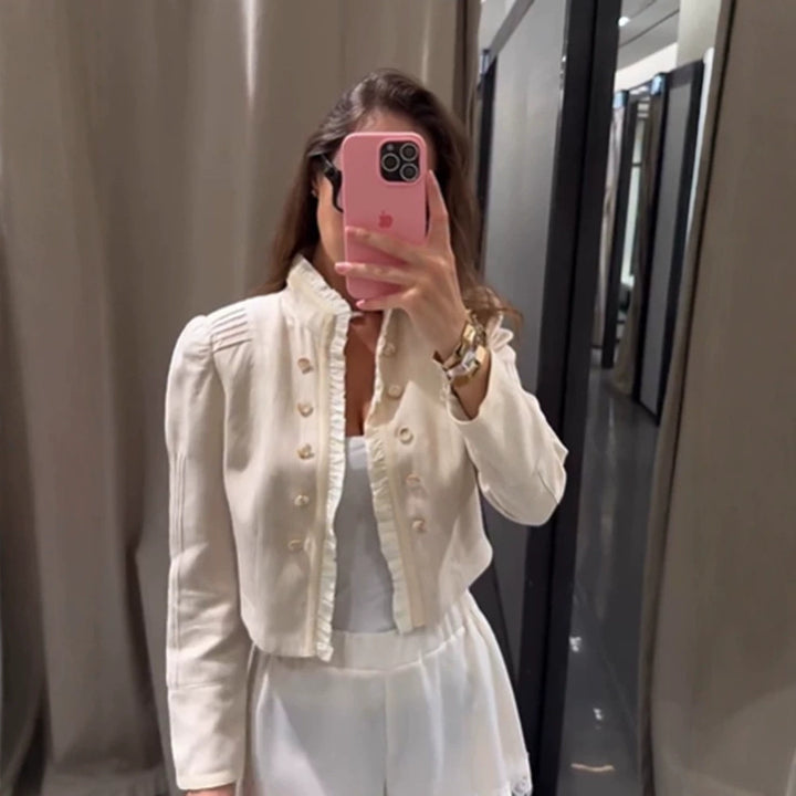 Women's cropped jacket with ruffle trim, puff sleeves, and double-breasted button placket Mune Fashion