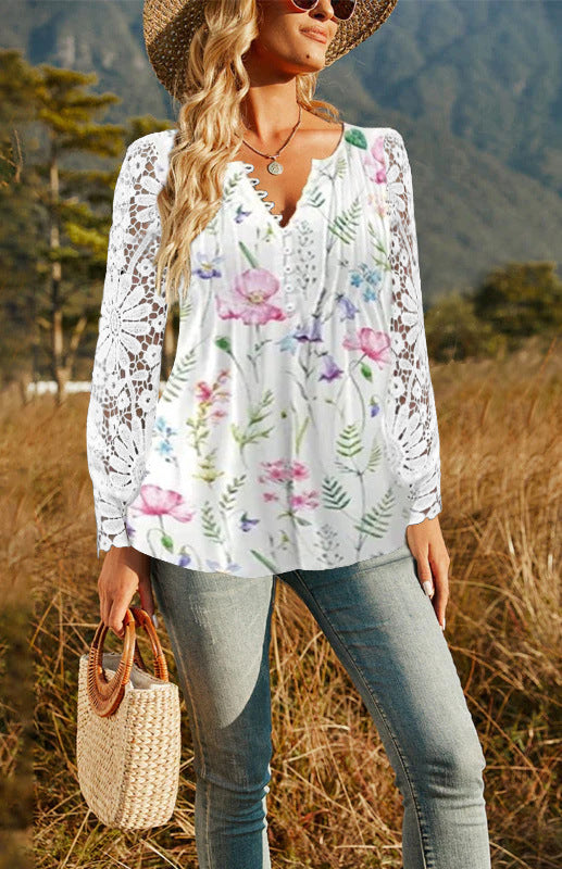 Women Loose Tunic Top with Lace Sleeves, Decorative Pleats and Button Placket Mune Fashion