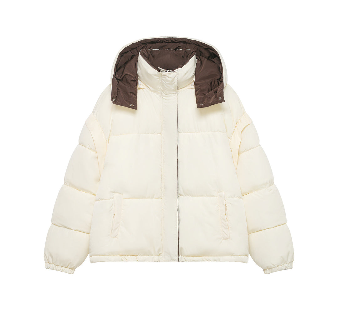 Women's Short Oversized Quilted Jacket with High Collar and Detachable Hood Drune