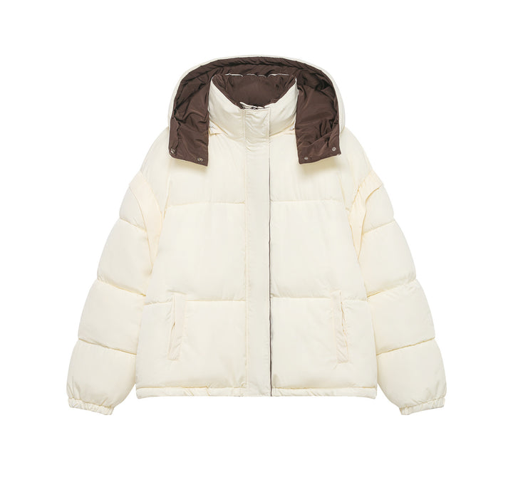 Women's Short Oversized Quilted Jacket with High Collar and Detachable Hood Drune