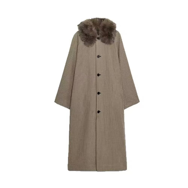 Ladies Long Glencheck Coat with Voluminous Faux Fur Collar and Straight Cut Mune Fashion