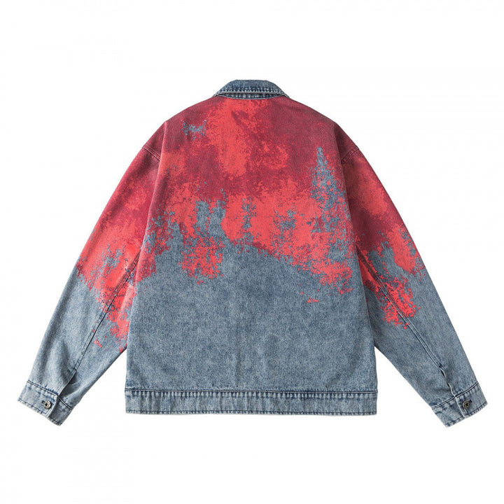 Unisex Oversize Denim Jacket with Gradient Print, Zipper and Shirt Collar Mune Fashion