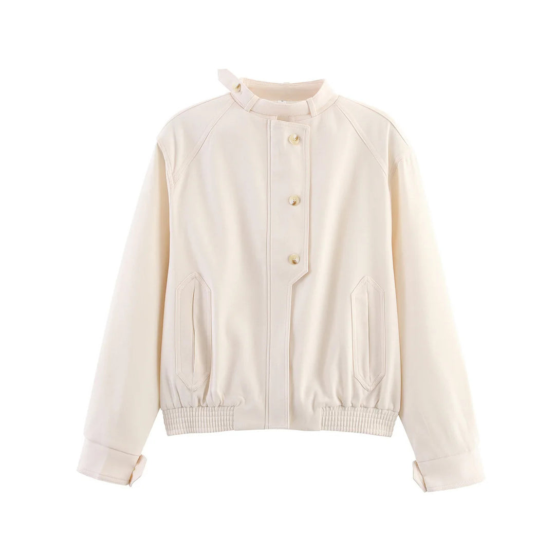 Women's nan minimalist bomber blouse with stand-up collar flap, concealed button placket and elastic waistband Mune Fashion