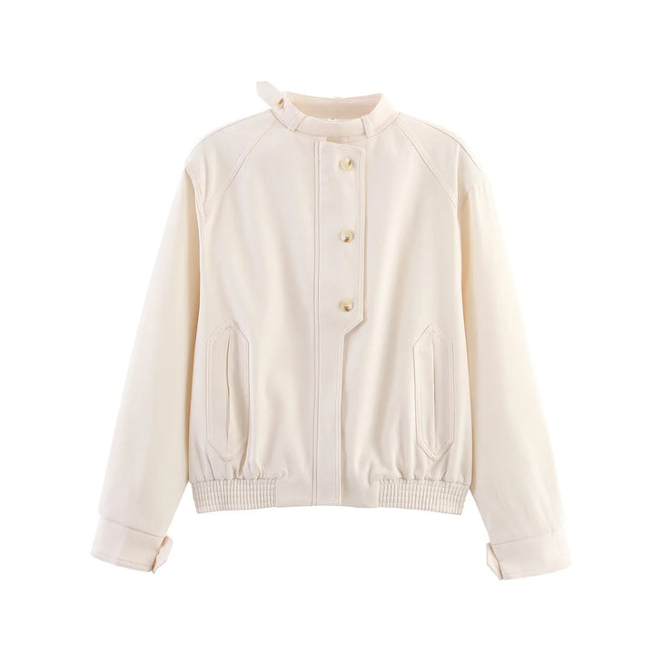 Women's nan minimalist bomber blouse with stand-up collar flap, concealed button placket and elastic waistband Mune Fashion