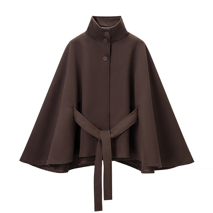 Women's short cape with stand-up collar, concealed button placket, and waist tie belt Mune Fashion