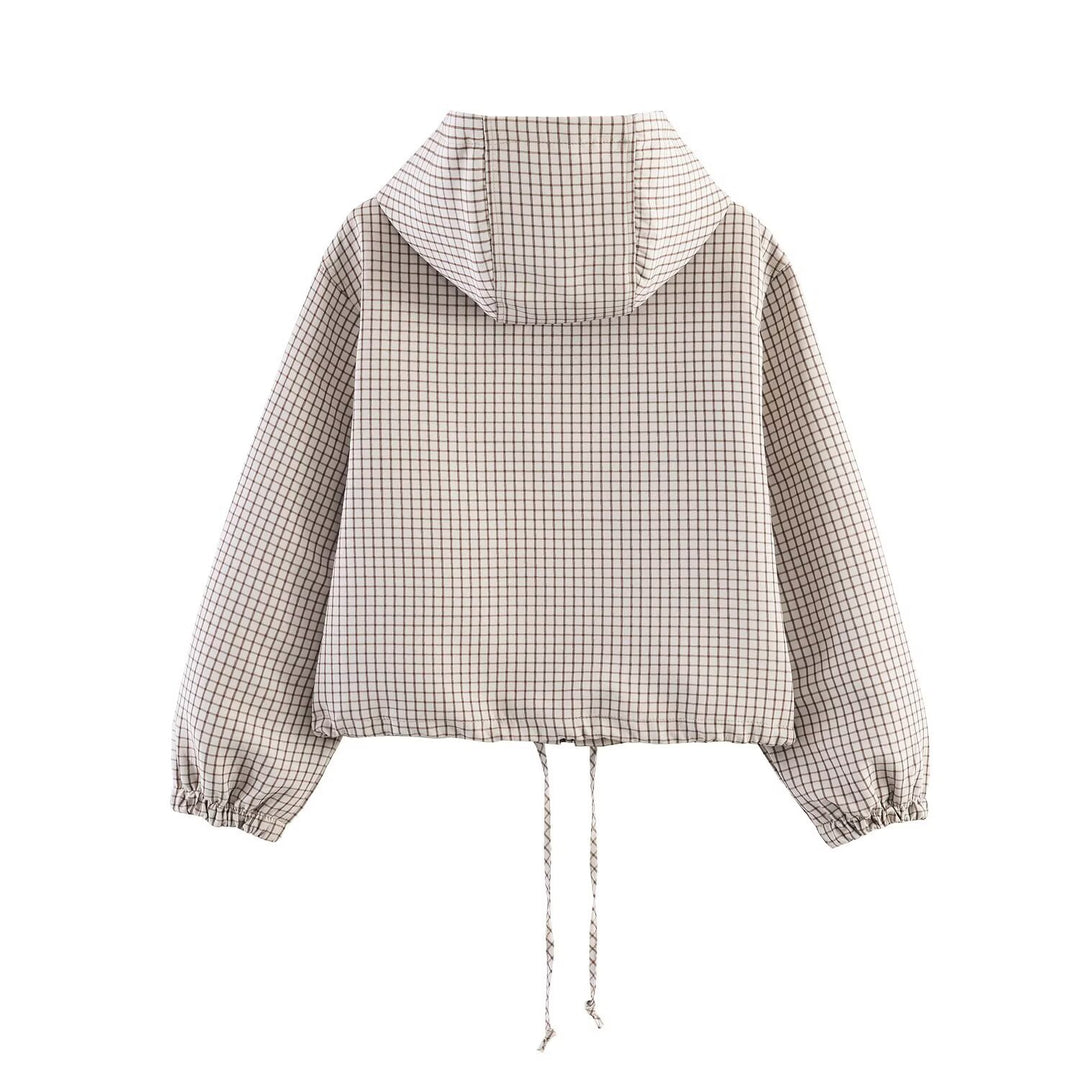 Women Short Cut Checkered Hoodie with Zip and Drawstring Hem Mune Fashion