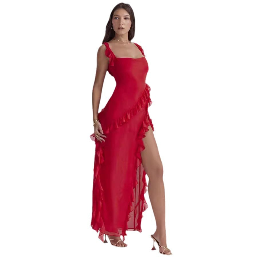 Women long evening dress with square neckline, shoulder ruffle straps, and high leg slits Mune Fashion