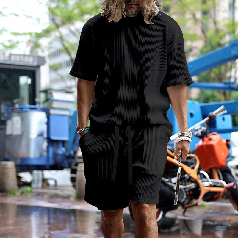 Men's casual waffle jersey set with loose top and drawstring shorts Mune Fashion
