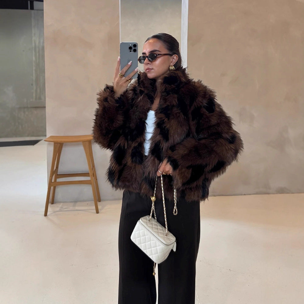 Women's Boxy Short Jacket made of Woven Fur with Natural Fur Look and Wide Shawl Collar Mune Fashion