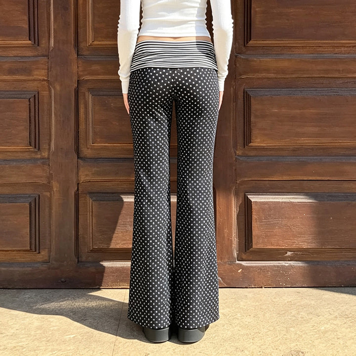 Women's wide Marlene pants with high fold-over waist and polka dot stretch jersey Mune Fashion