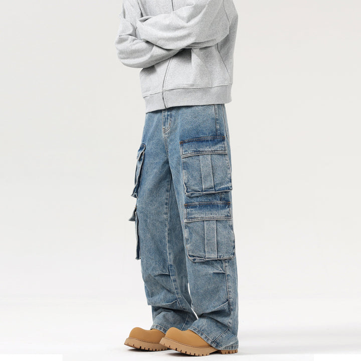Men's Ultra Wide Denim Cargo Jeans in Baggy Cut with Multiple Flap Pockets Mune Fashion