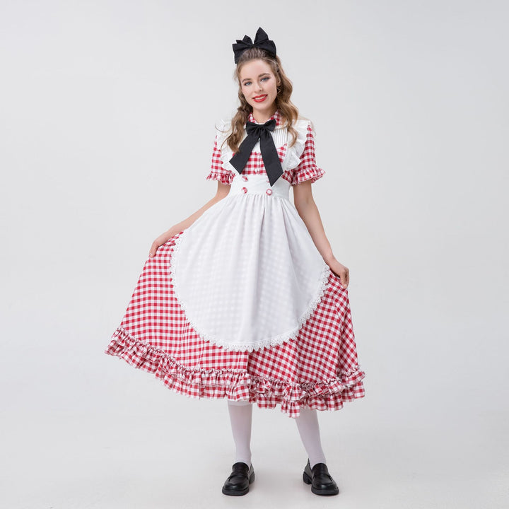 Women's vintage-inspired checked swing dress with detachable apron, ruffled sleeves, and bow collar Mune Fashion