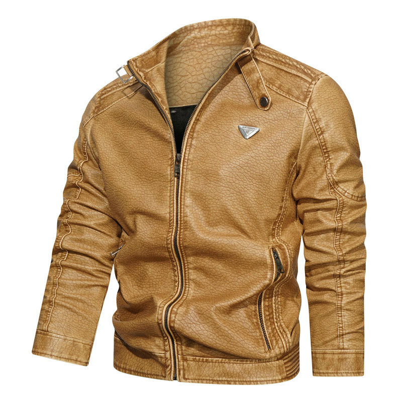 Men's faux leather jacket in vintage denim look with gathered sleeves and stand-up collar Mune Fashion