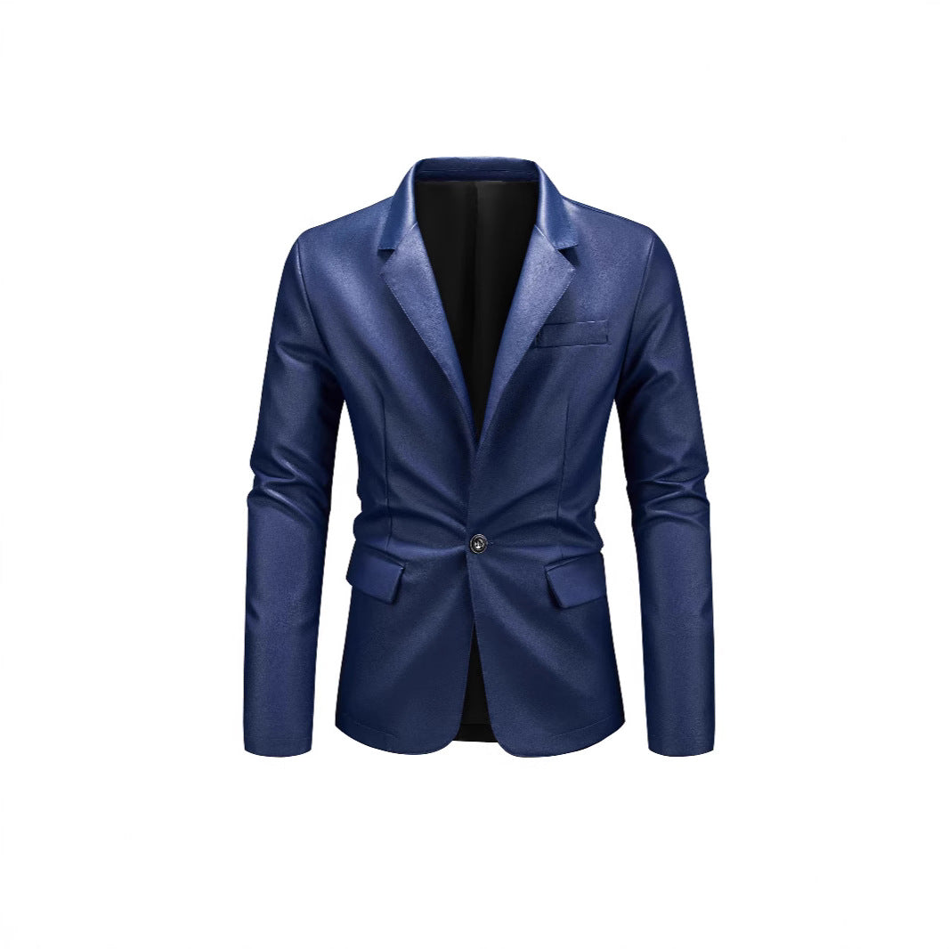 Men's Slim-Fit Leather Blazer with One-Button, Classic Lapel and Flap Pockets Mune Fashion