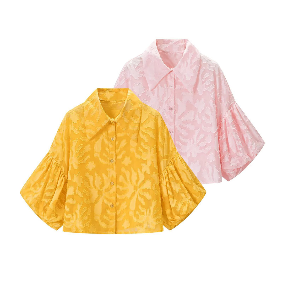 Women's Transparent Organza Blouse with Loose Fit, Volume Sleeves and Shirt Collar Mune Fashion