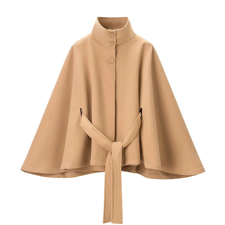Women's tailored cape with stand collar, button closure and tie belt Mune Fashion