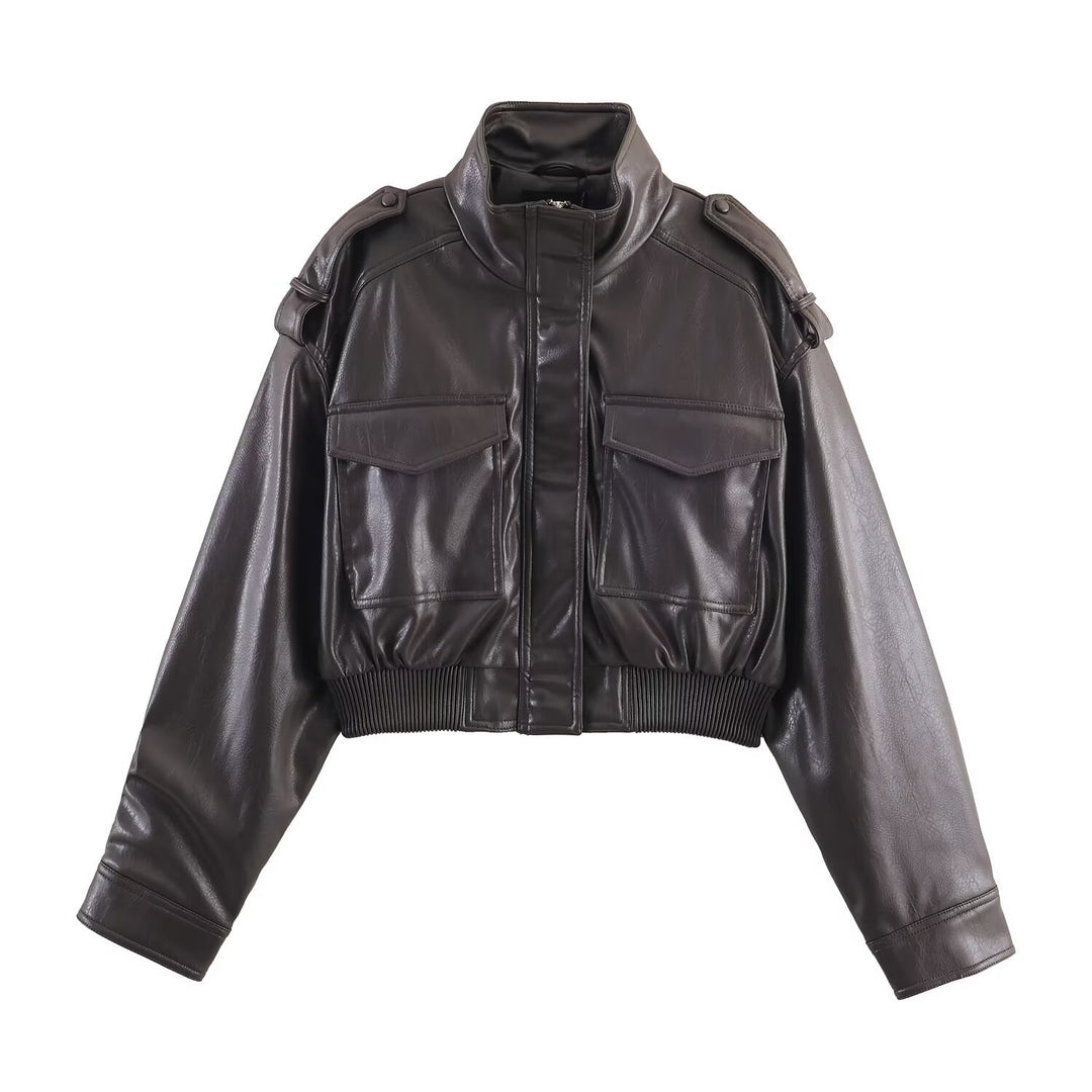 Women's short-cut military-inspired faux leather jacket with high stand collar, flap pockets, shoulder epaulets, and ribbed cuff Mune Fashion
