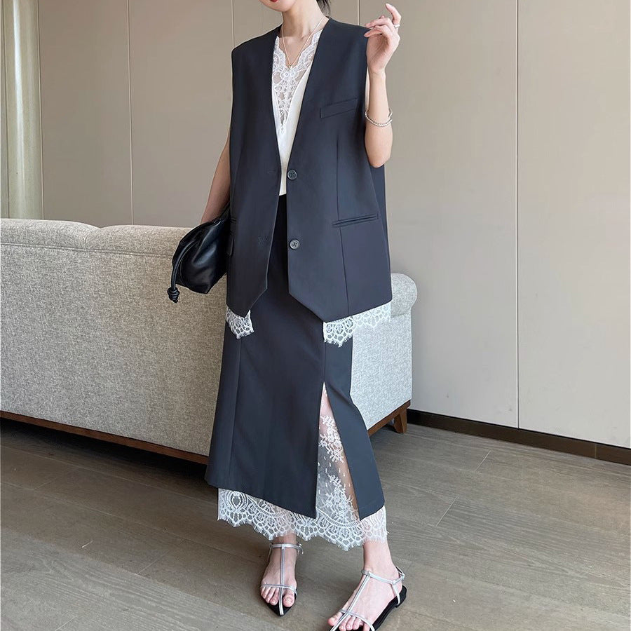 Women's Elegant Maxi Skirt with High Slit and Lace Trim Mune Fashion