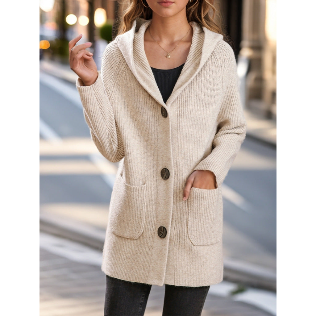 Women's long ribbed hooded cardigan with patch pockets and distinctive buttons Mune Fashion