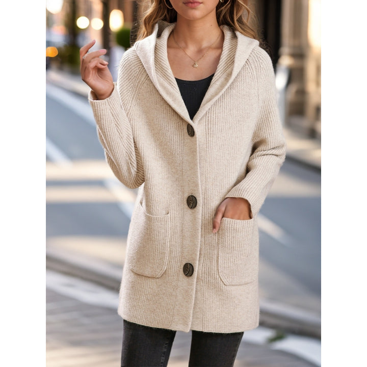 Women's long ribbed hooded cardigan with patch pockets and distinctive buttons Mune Fashion