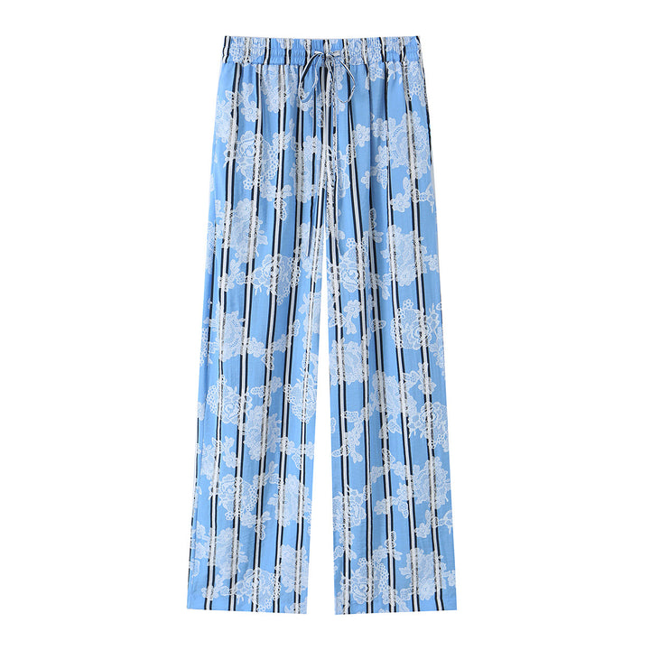 Women's wide palazzo pants with elastic drawstring waistband and floral lace look Mune Fashion
