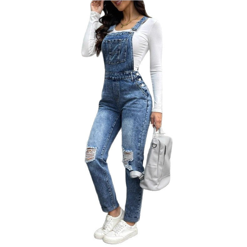 Women's denim dungarees with sculpting high waist, side decorative button plackets and ripped knee section Mune Fashion