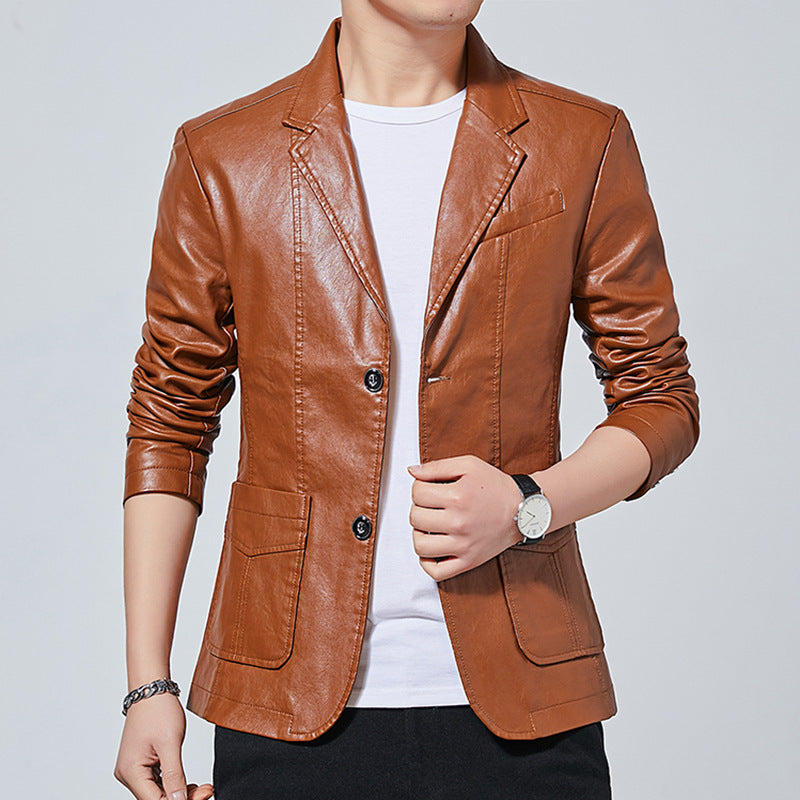 Men's Faux Leather Blouson Style Jacket with Shirt Collar and Patch Pockets Mune Fashion
