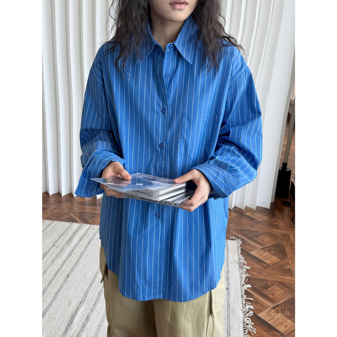 Women's oversized striped shirt blouse made of lightweight viscose blend with chest pocket Mune Fashion