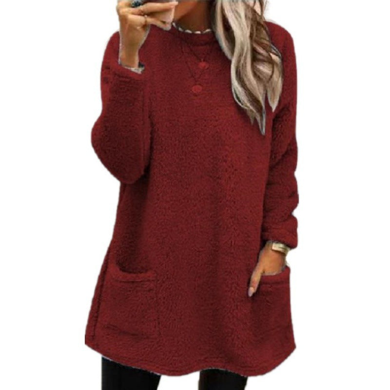 Women's cozy long teddy sweater oversized with round neck and slit pockets Mune Fashion