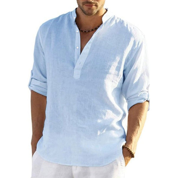 Men's casual linen shirt with stand-up collar, half placket, and roll-up sleeves Mune Fashion