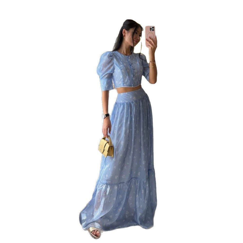 Women's Two-Piece Chiffon Set with Cropped Puff Blouse and Tiered Maxi Skirt Mune Fashion