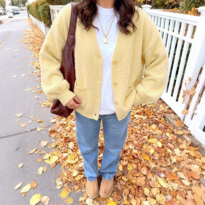 Women's Cozy Oversize Cardigan made of Teddy Fleece with V-Neck, patch pockets & ribbed cuffs