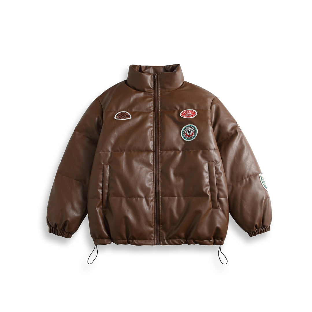 Unisex Short Cut Padded Faux Leather Puffer with High Standing Collar and Badge Details Mune Fashion